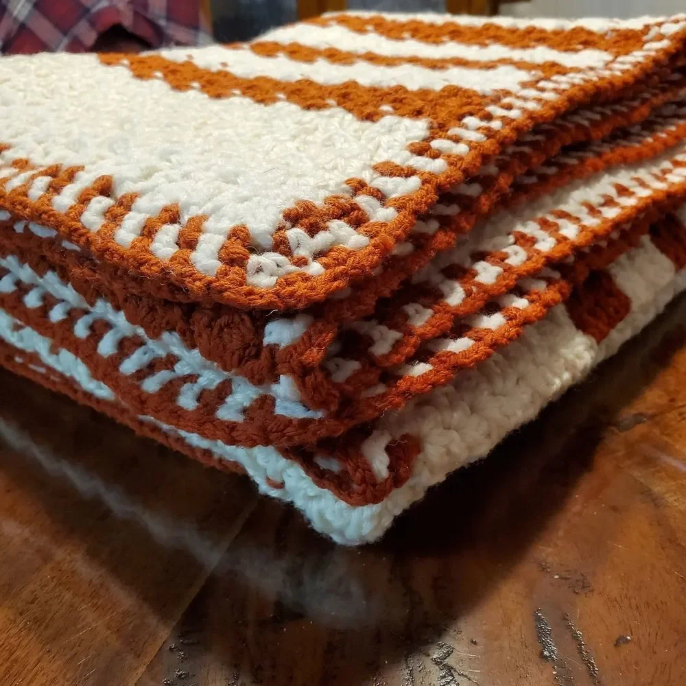 Vintage Handmade Crochet Throw Blanket Off White with Burnt Orange Stripes